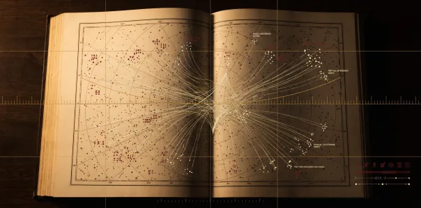 An old star atlas lying open, its charts crossed by fine drawn inference lines converging on the gutter.